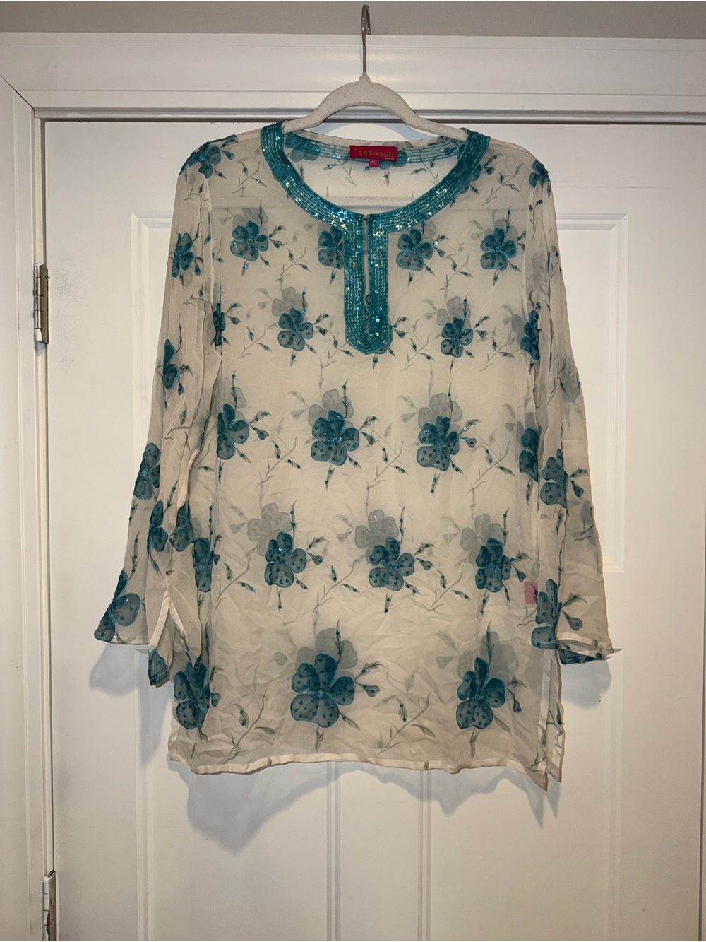 Embroidered Teal Floral Sheer Tunic Silk Top - Women